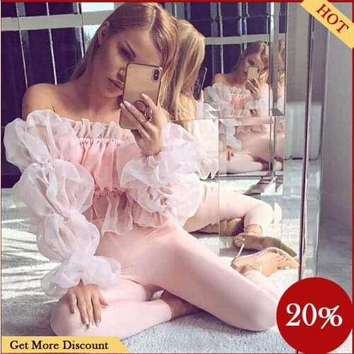 Hirigin 2020 New Sexy Women Off Shoulder Crop Tops Holiday Casual Party Shirts Puff Sleeve Blouse Pink Clothes Tops