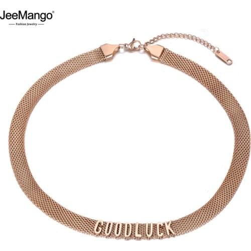 JeeMango Trendy Titanium Stainless Steel Good Luck Letter Choker Necklaces For Women Rose Gold Chain Pendant Necklace JN19187