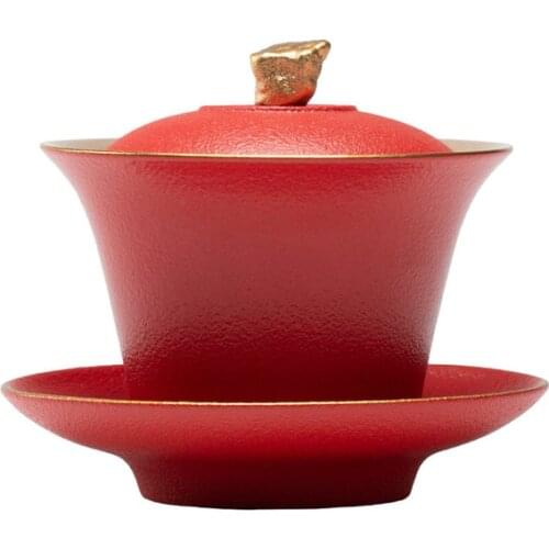 Stoneware Sancai Covered Bowl Simple Taihu Stone Red Tea Bowl Tureen Creative Ceramic Gaiwan Red Black Color