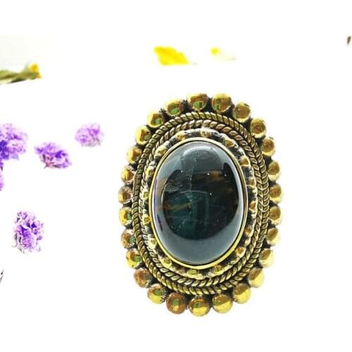 Natural Stone Rings Golden Brass Inlaid Blue Tiger Eye Stone Beads Flower Rings for Man R236