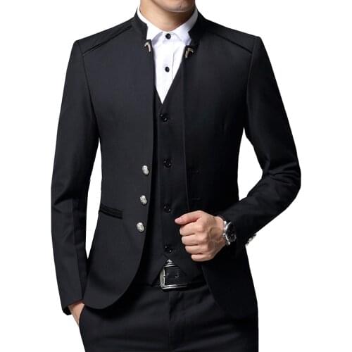 Mens Suit Three-piece Suit Stand-up Collar Round Neck Wedding Dress Groom Best Man (BBlazer +Vest + Pants)