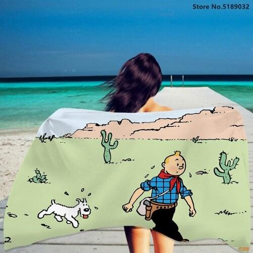 Summer Beach Towel The Adventures of Tintin Anime Rectangle Bath Towel Kids Boys Sport Swimming Towel Quick Dry Face Towel