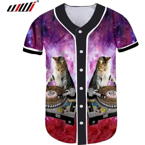 UJWI New Baseball Jersey Shirt Mens Short-sleeved Shirt 3D Printed Starry sky Djing cat Funny Oversized 5XL 6XL Clothing