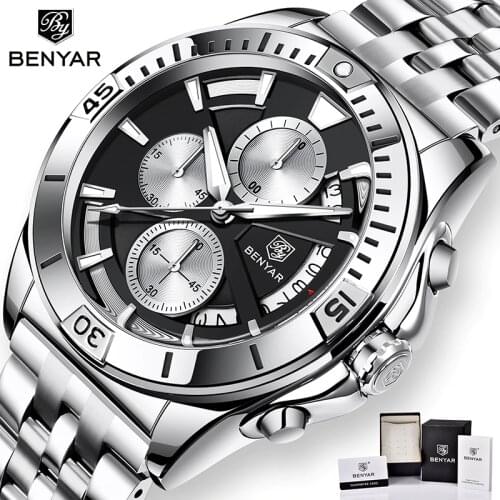 BENYAR 2021 New Fashion Mens Watches with Stainless Steel Top Brand Luxury Sports Chronograph Quartz Watch Men Relogio Masculino