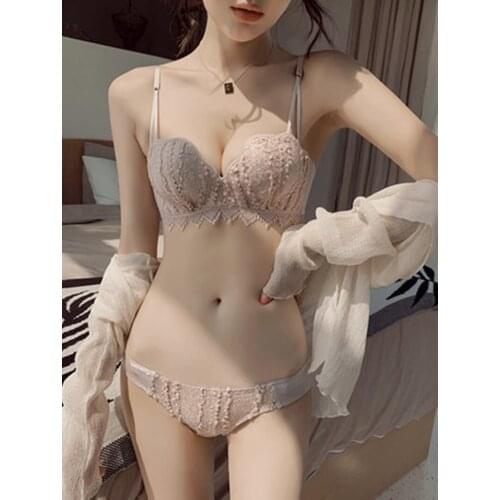 Underwear Female Ring-free Sexy Lace Shell Girl Suit Adjusted Thin Autumn Beauty Back Small Chest Closed Bra Lace Underwear Suit