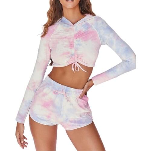 New Fashion 2020 Autumn Women Tie Dye Clothes Set Long Sleeve Hooded Drawstring Sweatshirt Crop Top + Elastic Wasit Shorts Pants