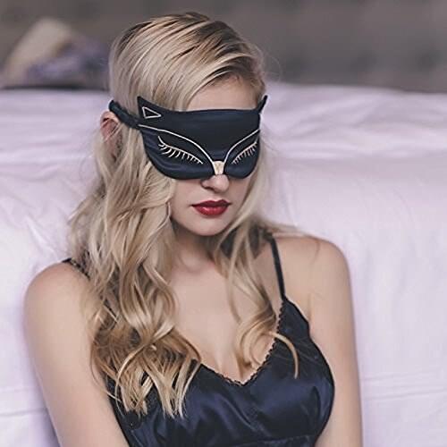 Silk Sleep Eye Mask, Double-Side Smoothing Mulberry Silk Eyeshade, Adjustable Strap,Sexy Fox Cat for Travel, Relax, Nap,Fashiona