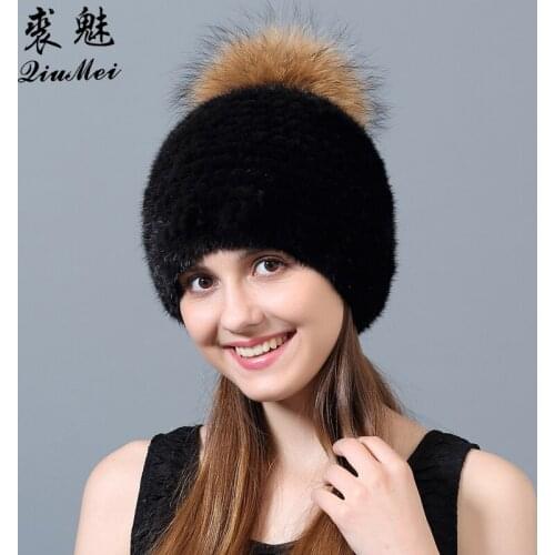 QiuMei Russian New 2018 Hat Genuine Mink Fur Thick Black/Brown/Wine Knitted Real Raccoon Fur Pompom Natural Fur Caps Hat Woman