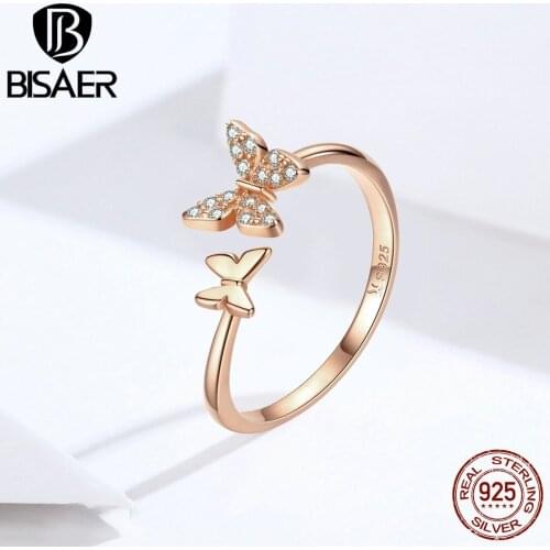 Butterfly Finger Rings BISAER 925 Sterling Silver Luminous Zircon Butterfly Open Size Women Rings Luxury Jewelry ECR087