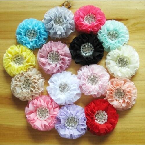 120pcs/lot) 4" 15 Colors Vintage Chiffon Flower With Shiny Pearl Rihnestone Center For Headband Ruffed Flower Accessory