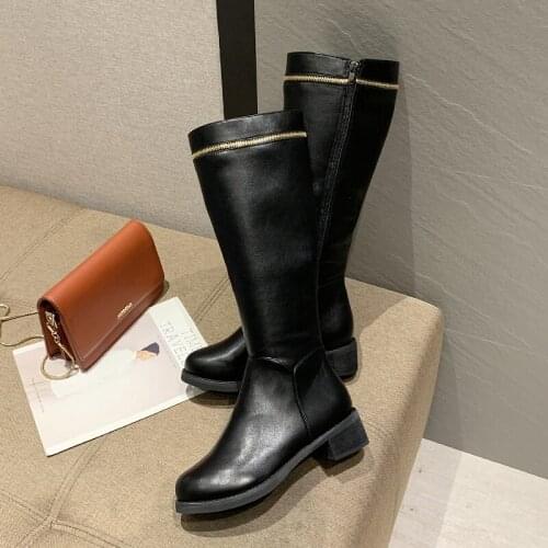 2020 Fashion Leisure Flat Bottom Leather Boots New Zip Winter Leather Knee-High Boots Thick Heels Dropshipping Warm U11-54