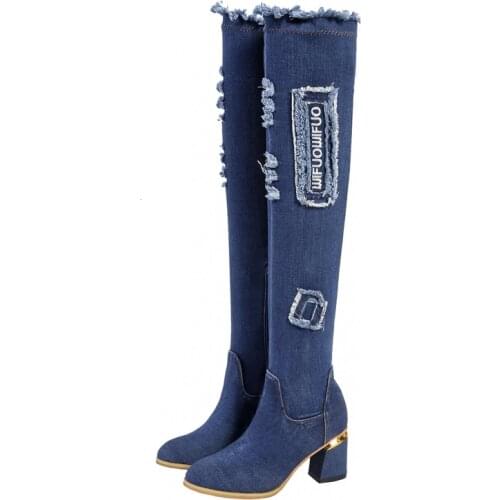 2021 Autumn New Womens Denim Boots Fashion OverKnee Boot Slip on High Heels Casual Blue Shoes Female Over The Knee Boots Woman