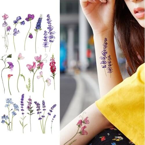 Watercolor Lavender Temporary Tattoos Realistic Fake Waterproof Flower Tatoo Creative Body Art Drawing Hands Arm Tatoo For Women