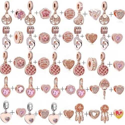 2Pcs Christmas Gift Fearther & Love Heart Beads Charms Pendant fit Original Brand Bracelets Necklaces for Women Jewelry Making