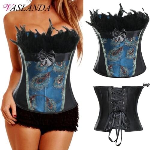 Bustiers & Corsets Embroidery Peacock Feather Overbust Corset Lace Up Boned Waist Trainer Bustier Tops Steampunk Corselet
