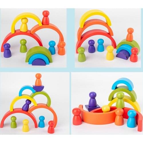 Wooden Children Puzzle Colorful Semicircle Stacking Toys Fun Building Blocks Wooden Puzzle Early Learning Toys