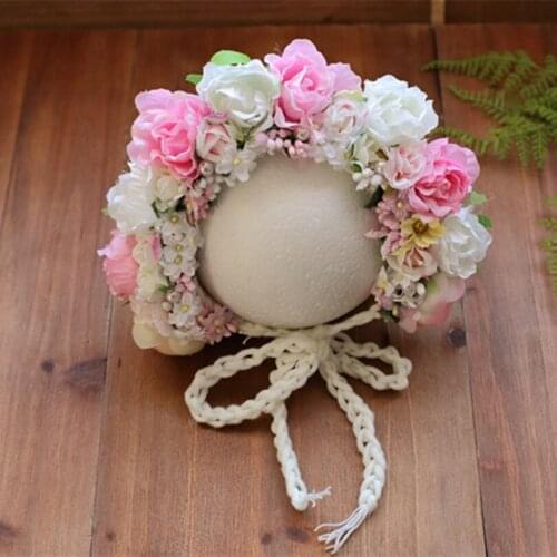 Handmade knit baby girl flower bonnet Newborn Floral hat Crochet Baby bonnet photography props hat