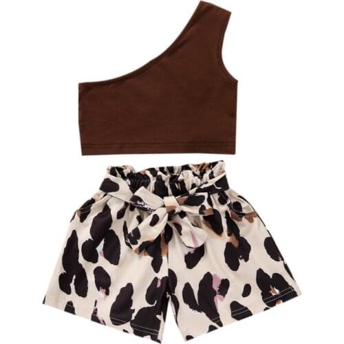 OPPERIAYA Toddler Kids Baby Girls 2PCS Summer Cotton Outfits Sleeveless One Shoulder Crop Tops Leopard Belted Shorts Casual Set