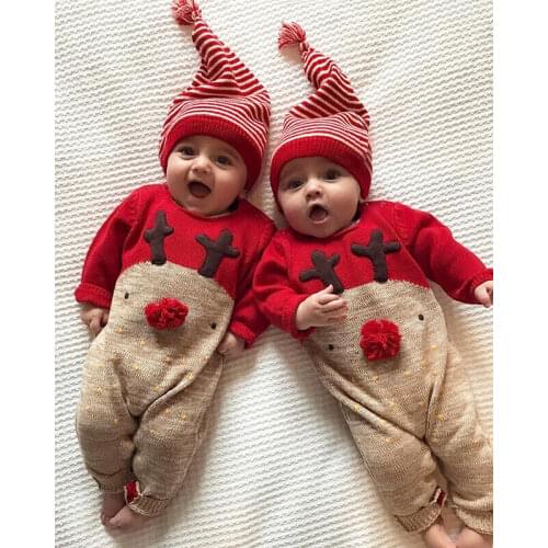 Christmas Baby Romper Boy Girl Clothes Cartoon Elk Reindeer Romper Long Sleeve Jumpsuit Playsuit +Hat Winter Clothes Set 0-24M