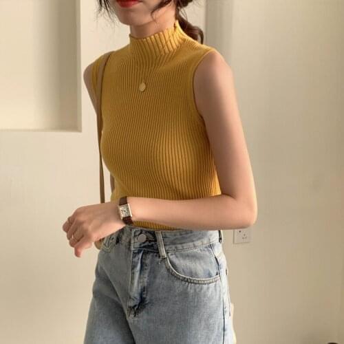Summer Women Tops Solid Color Base knitted vest sleeveless Sweater 2021Korean woman tops