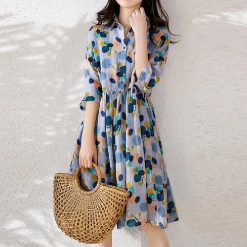 Fashion Polka Dot Bohemian Print Dress 2021 Spring Korean Version of The New Mid-length Large Size High Waist Chiffon Dress