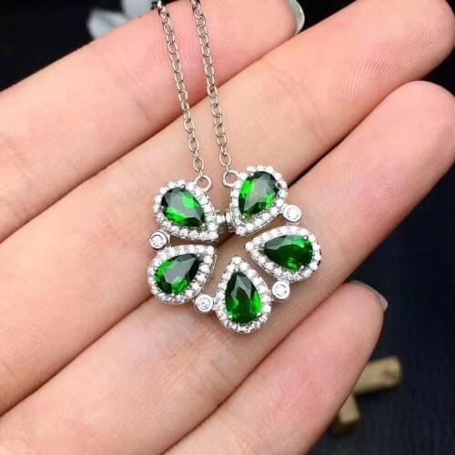 Natural green diopside Necklace Natural Gemstone Pendant Necklace 925 sliver women trendy Flower Water drop women party Jewelry