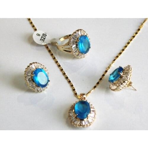 Nobility Woman Natural Jewelry New Fashion Blue Ladys Necklace Earring Ring US Size 6 7 8 9 Set