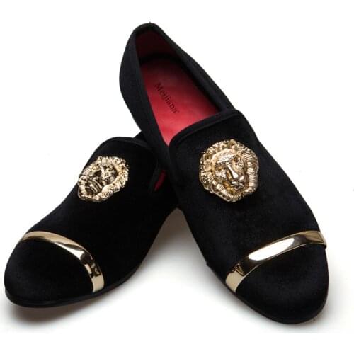 New Fashion Gold Top Metal Toe Men Velvet Loafers Dress Shoes Italian Mens Dress Shoes Handmade Loafers Shoes