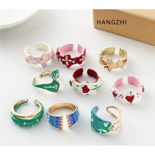 HZ 2021 INES New Trendy Rhinestone Inlay Drip Glaze Enamel Open Adjustable Couple Rings for Fashion Women Men Summer Jewelry