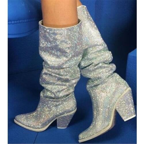 New Design Women Luxury Pointed Toe Silver Rhinestone Thick Heel Over Knee Boots Crystal Knight Chunky Heel Long Boots