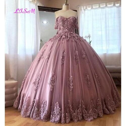 Pink Sweetheart Quinceanera Dresses Ball Gowns 3D Flower Lace Appliques Off The Shoulder Lace-up Sweet 15 Party Gowns