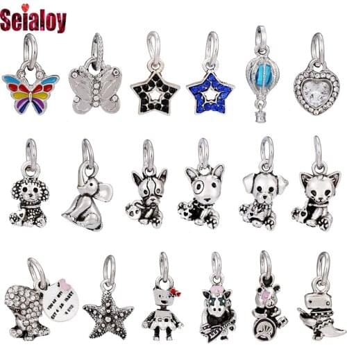 Seialoy 1pcs Colorful Butterfly Dangle Silver Color Animal Charm Fit Bracelets Unicorn Dog Cat Dinosaur Pendant Beads Accessory