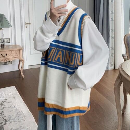2021 Spring and Autumn Big Letters Embroidery Knitted Vest Autumn Contrast Color V-neck Sweater Mens Korean Style All-match Top