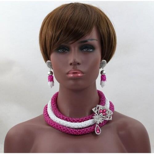 Hot Fuchsia Pink Bridal Jewelry Set Nigerian Wedding African Beads Jewelry Set Indian Costume Jewelry Set Free Shipping ALJ587