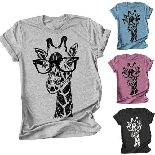 Women Summer Casual O Neck Short Sleeve Giraffe Print Loose T-shirt Top Giraffe Print Easy to Match
