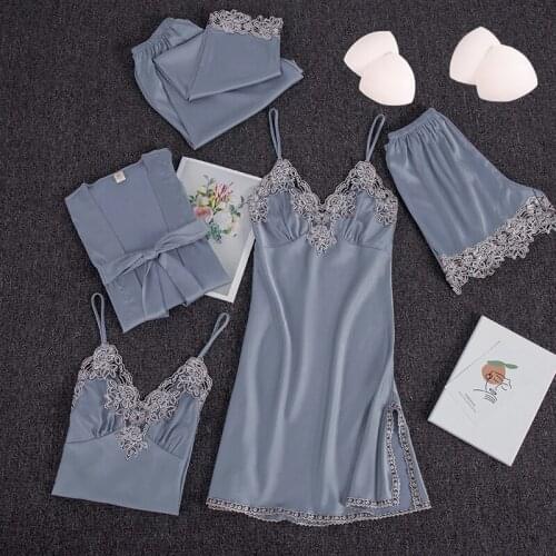 Womens Pajamas Autumn 2021New 5PSC Satin Trousers Robe Suspender Nightdress With Chest Pad Dresses Sleepwear Bathrobe Homewear