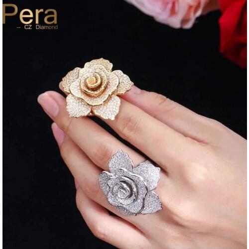 Pera New Style Famous Brand Jewelry Big Flower Shape Cubic Zirconia Yellow Gold Color Finger Rings For Women Evening Party R087