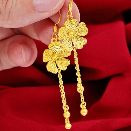 Womens Dropping Earrings Yellow Gold Filled Leaf Flower Heart Tassel Dangle Earring Fashion Personality Bridal Jewelry
