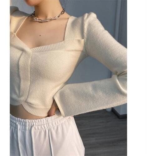 2020 Spring Autumn New Black Base Shirt Womens Slim Square Neck Sweater Long Sleeve Sexy Knitted Top