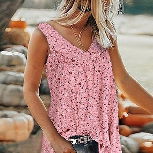 Plus Size S-7XL Summer Vest T-Shirt 2021 Fashion New Female Boho Floral Printed Tops Casual Loose V-Neck Sleeveless Clothes