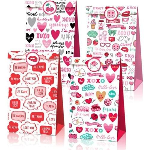 12Pcs Valentines Day Party Paper Bags For Weeding Decoration Gifts Candys Pink Red Packaing With Seal Label Love Hreat Pack
