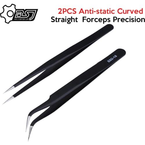 2PCS ESD-14 ESD-15 Anti-static Curved Straight Tip Forceps Precision Soldering Tweezers Set Electronic ESD Tweezers Tool