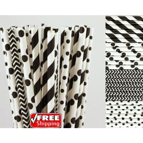 200pcs Mixed 4 Designs Black and White Themed Paper Straws-Chevron,Striped,Dot Halloween Graduation Old Fashioned Mason Jar Bulk