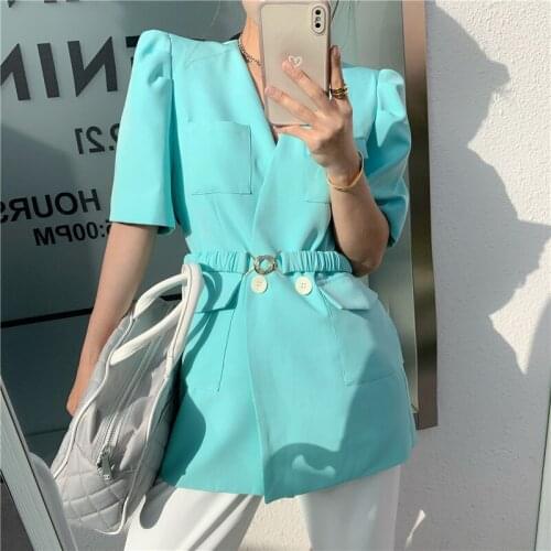 2021 Women Summer Thin Blue Blazer Coat Jacket Sashes V Neck Half Sleeve Slim Waist Outwear Minimalist