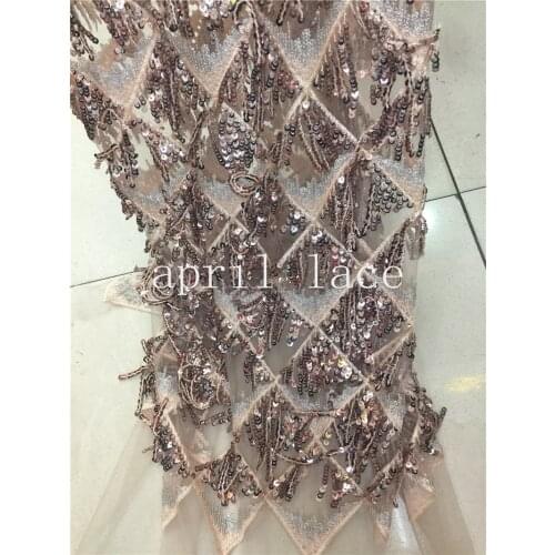 5yards N003 good quality nice dobby nude champagne 3d fringe sequin embroidery net mesh lace fabric for evening dress/wedding