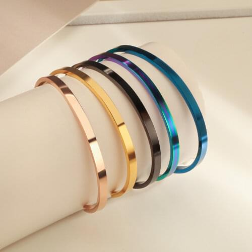 Thin Open Cuff Bangles Stainless Steel 4mm Wide Smooth Gold Black Rose Gold Men Women Delicate Stackable Bracelet Jewelry