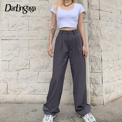 Darlingaga Fashion Elegant High Waist Pants Trousers Women Solid Casual Pockets Office Straight Ladies Pants Pantalon Femme 2020