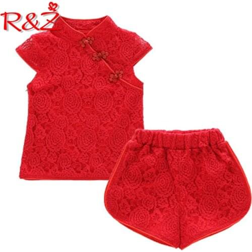 R&Z childrens suit 2019 girls summer new national Chinese style childrens cheongsam suit lace short-sleeved shorts two-piece