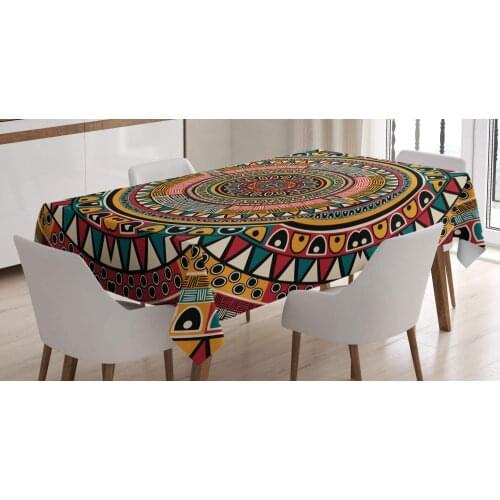 Folkloric Tribe Round Pattern with Colors Aztec Artwork Custom Table Cover for Dining Room Kitchen Decor