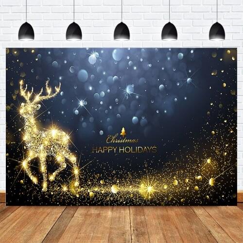 Merry Christmas Happy Holidays Photography Backdrops Glitter Gold Elk Bokeh Xmas Background for Photo Studio Photocall Portrait